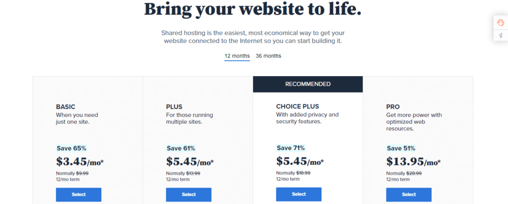 bluehost hosting plan prices